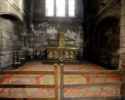 There are beautiful gardens with a fountain for meditation and quiet. There is also a crypt at the church that contains statues of saints and a relic 